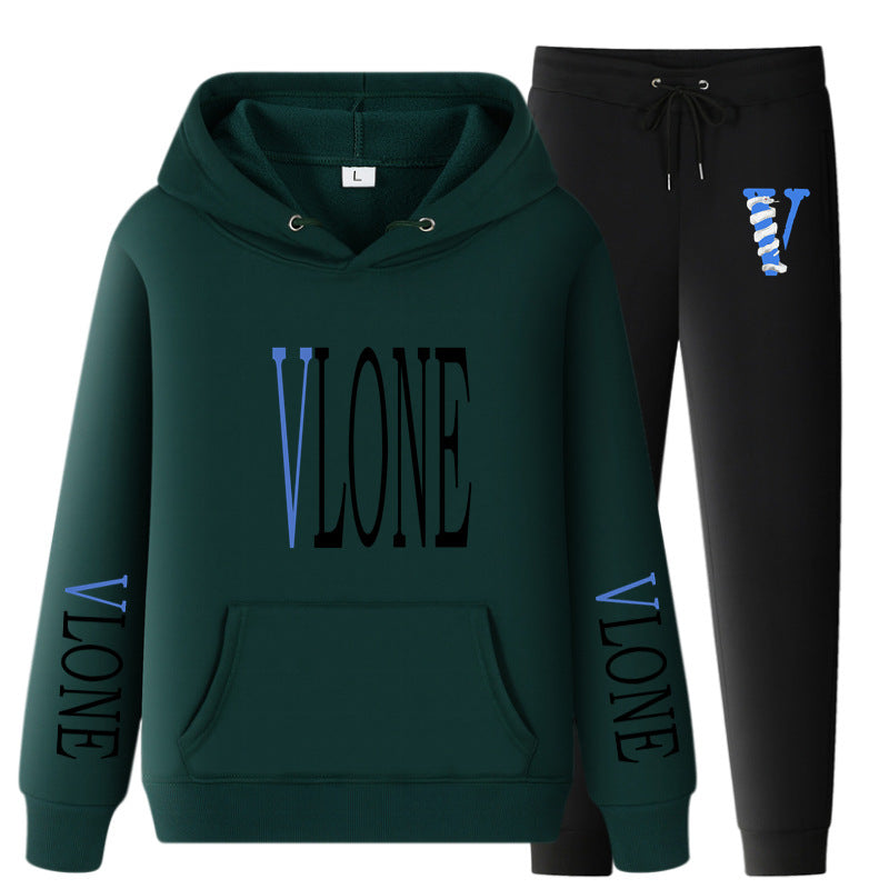 Vlone Hoodie & Pants 2 Piece Set Printed Casual Sports Loose Suit