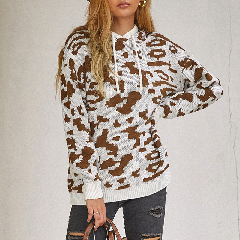 Women Pullover Knit Sweater Women's Knitwear Leopard Print Drawstring Hoodie