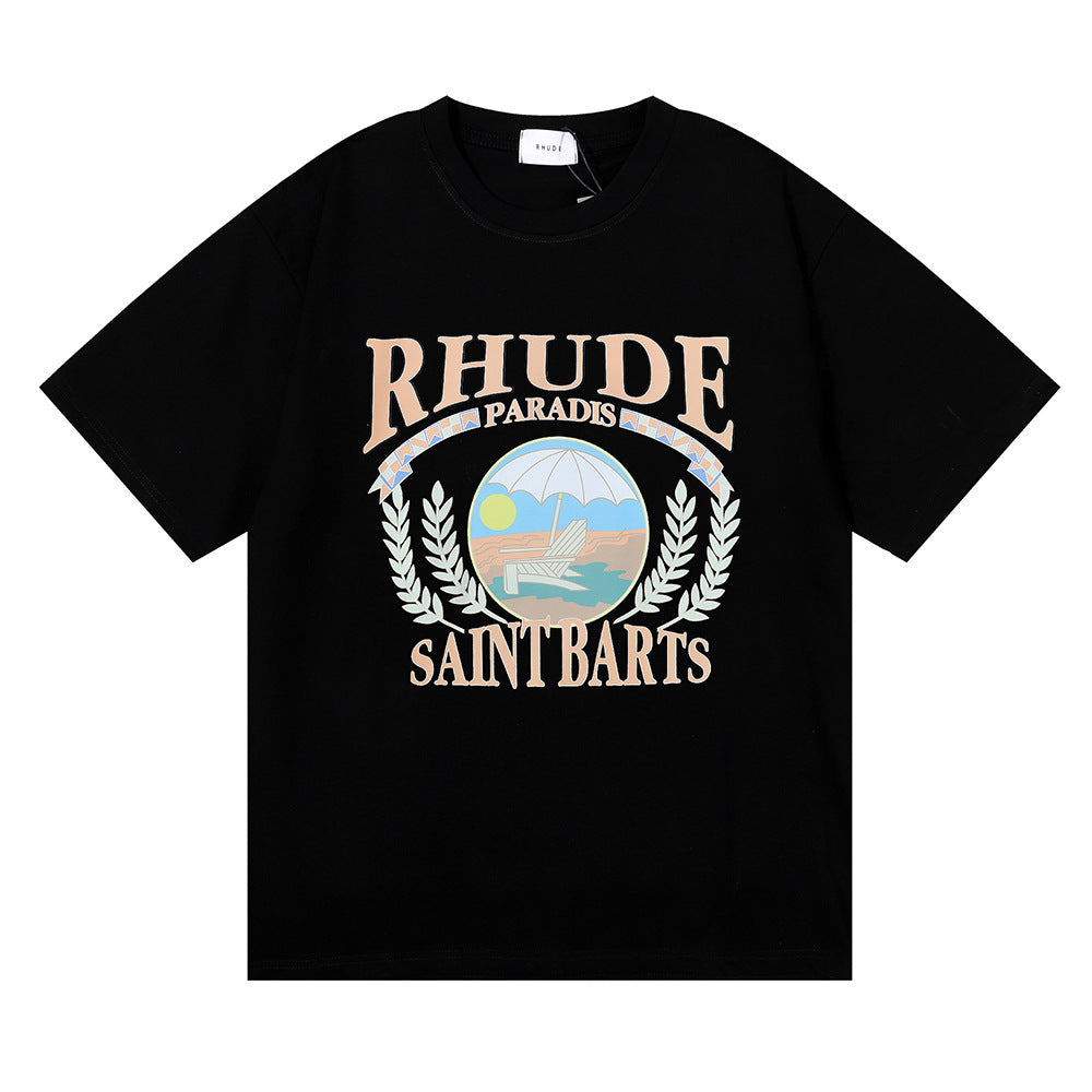 Rhude T Shirt Wheat Ear Sunset Beach Pattern Printed Short Sleeve T-Shirt