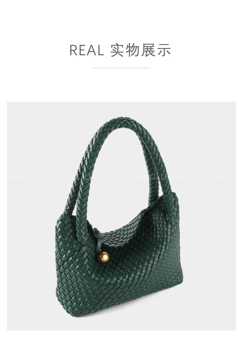ZR DIARY Fashion Woven Bag Women PU Leather Single Shoulder Bag Retro Golden Bead Decor Hand Carry Women's Bag BZ2469