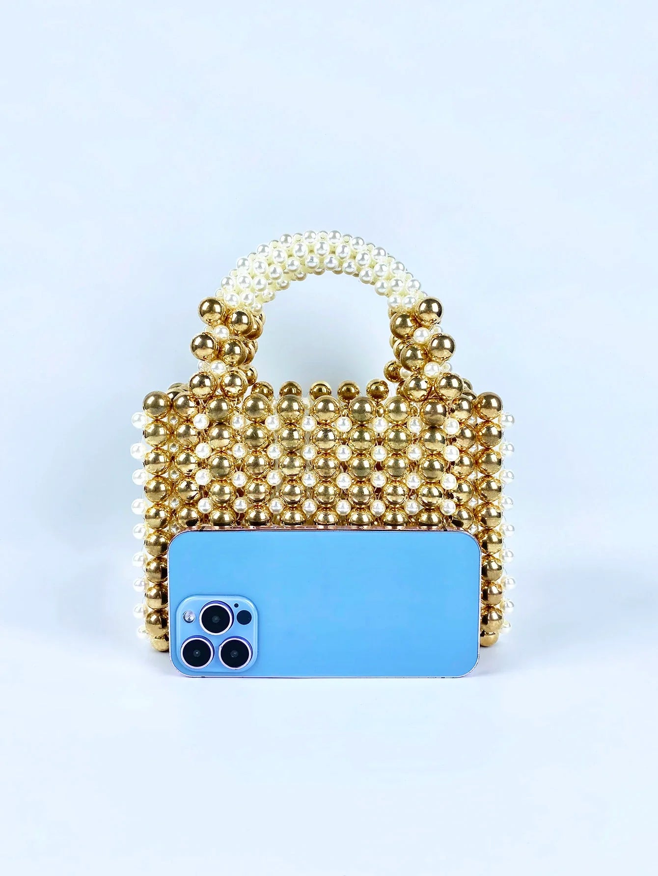 Advanced mobile phone bag with gold round beads, acrylic handheld beaded handmade women's bag, fashionable casual dinner bag