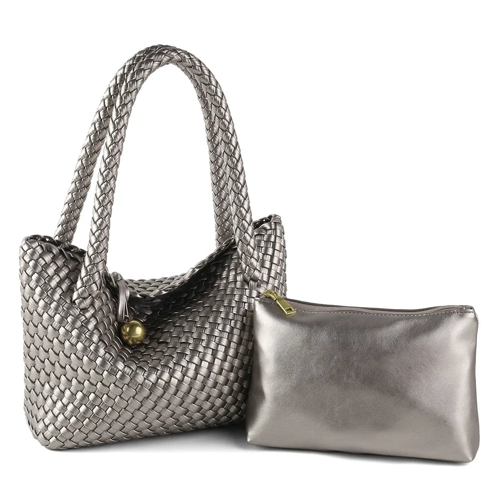 ZR DIARY Fashion Woven Bag Women PU Leather Single Shoulder Bag Retro Golden Bead Decor Hand Carry Women's Bag BZ2469