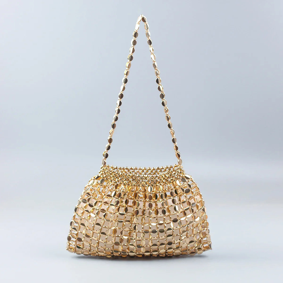 Elegant Handmade Silver And Gold Beaded Dumpling Handbag