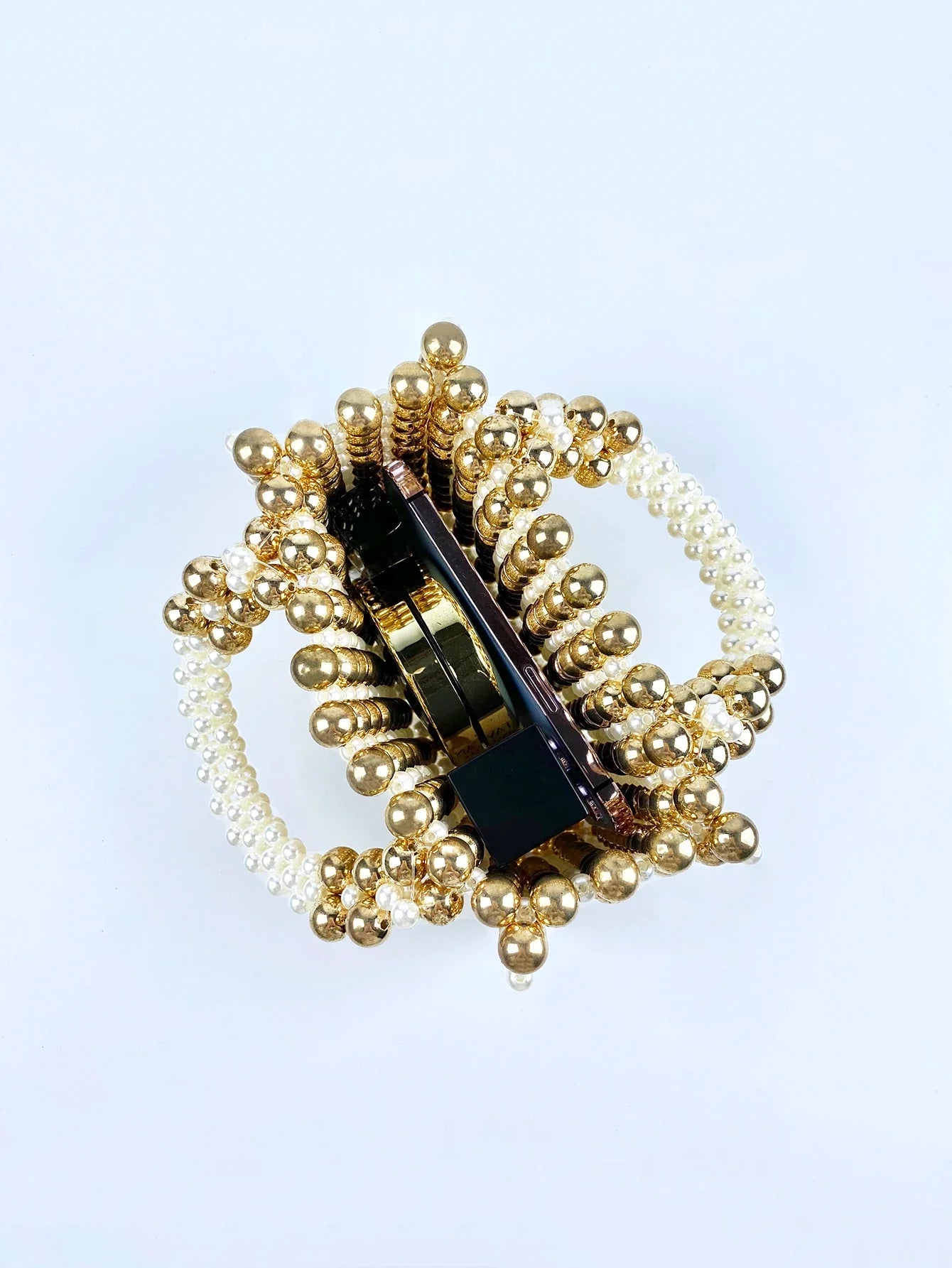 Advanced mobile phone bag with gold round beads, acrylic handheld beaded handmade women's bag, fashionable casual dinner bag