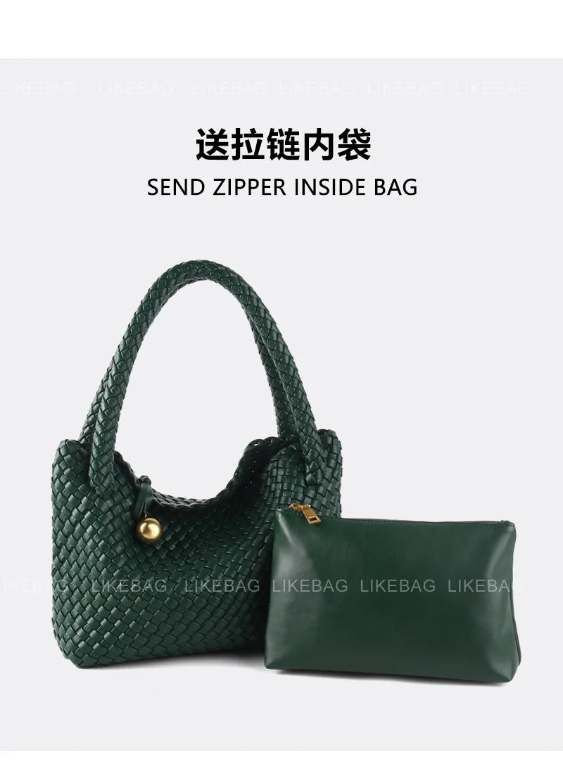 ZR DIARY Fashion Woven Bag Women PU Leather Single Shoulder Bag Retro Golden Bead Decor Hand Carry Women's Bag BZ2469