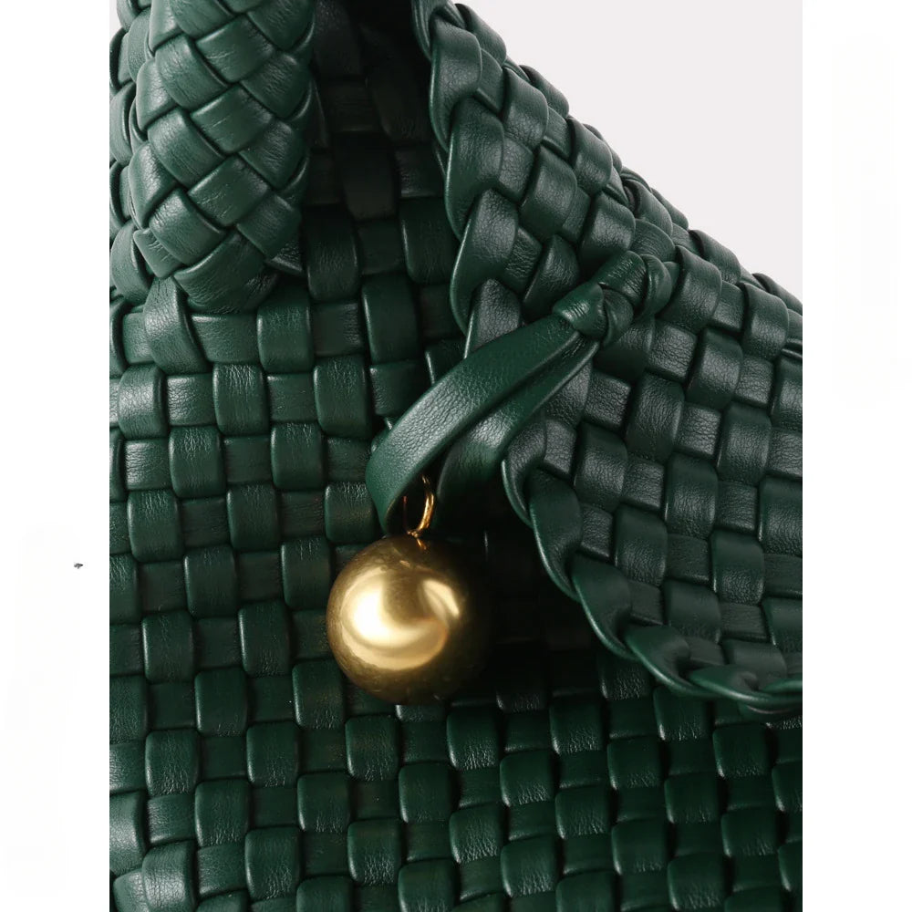 ZR DIARY Fashion Woven Bag Women PU Leather Single Shoulder Bag Retro Golden Bead Decor Hand Carry Women's Bag BZ2469