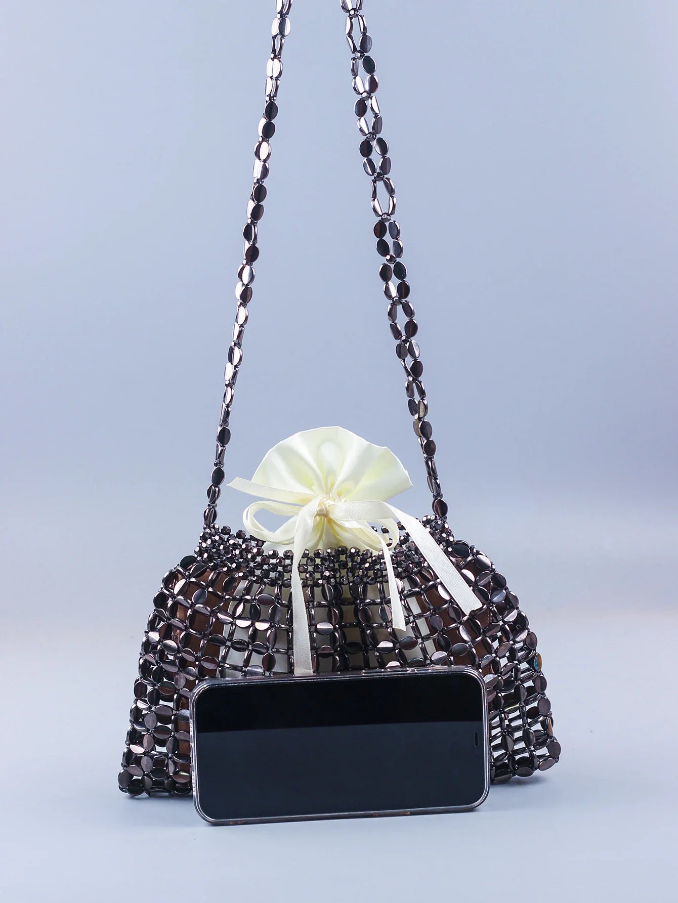 Elegant Handmade Silver And Gold Beaded Dumpling Handbag