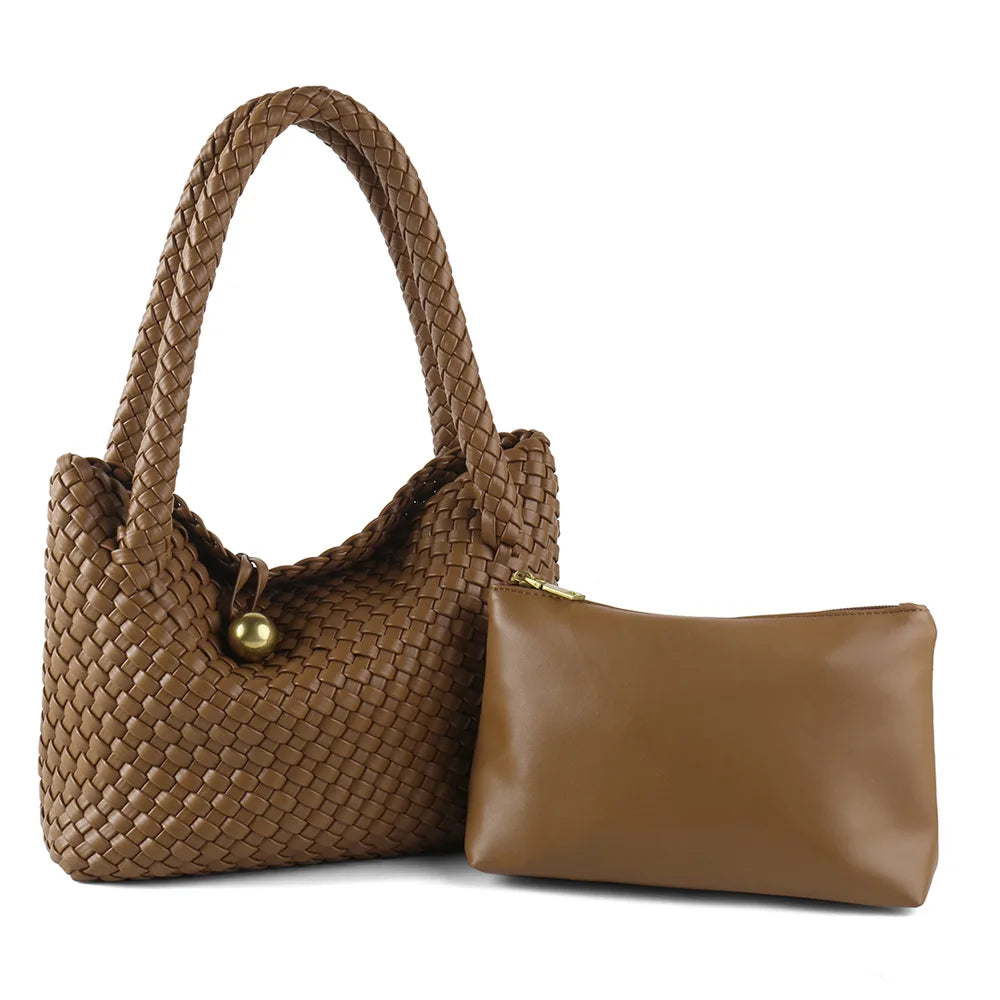 ZR DIARY Fashion Woven Bag Women PU Leather Single Shoulder Bag Retro Golden Bead Decor Hand Carry Women's Bag BZ2469