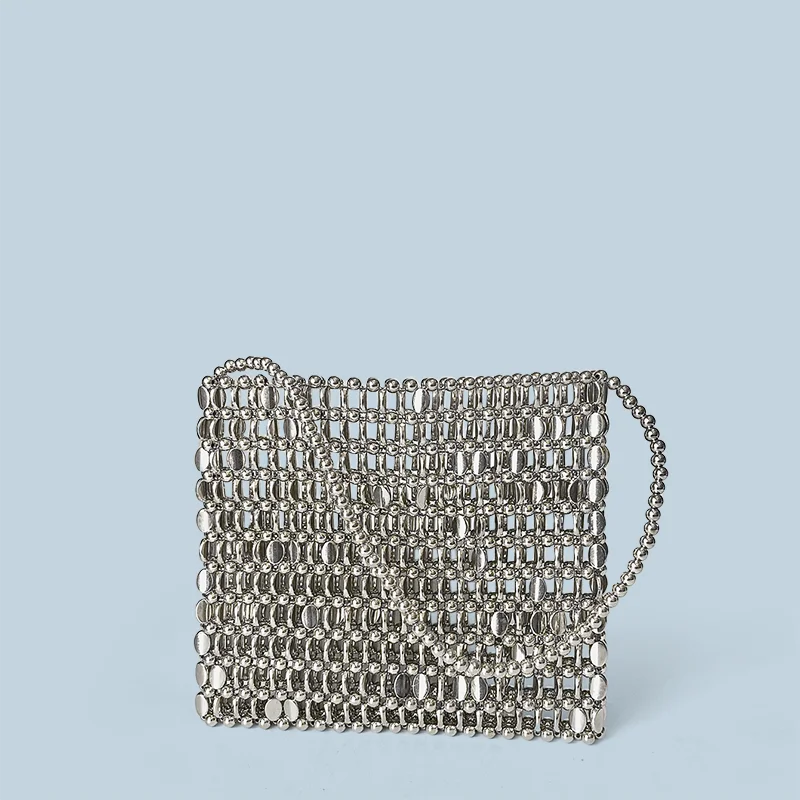 Shining Ins Metal Silver Handmade Bead Bag Bead Glitter Handmade Woven Phone Bag