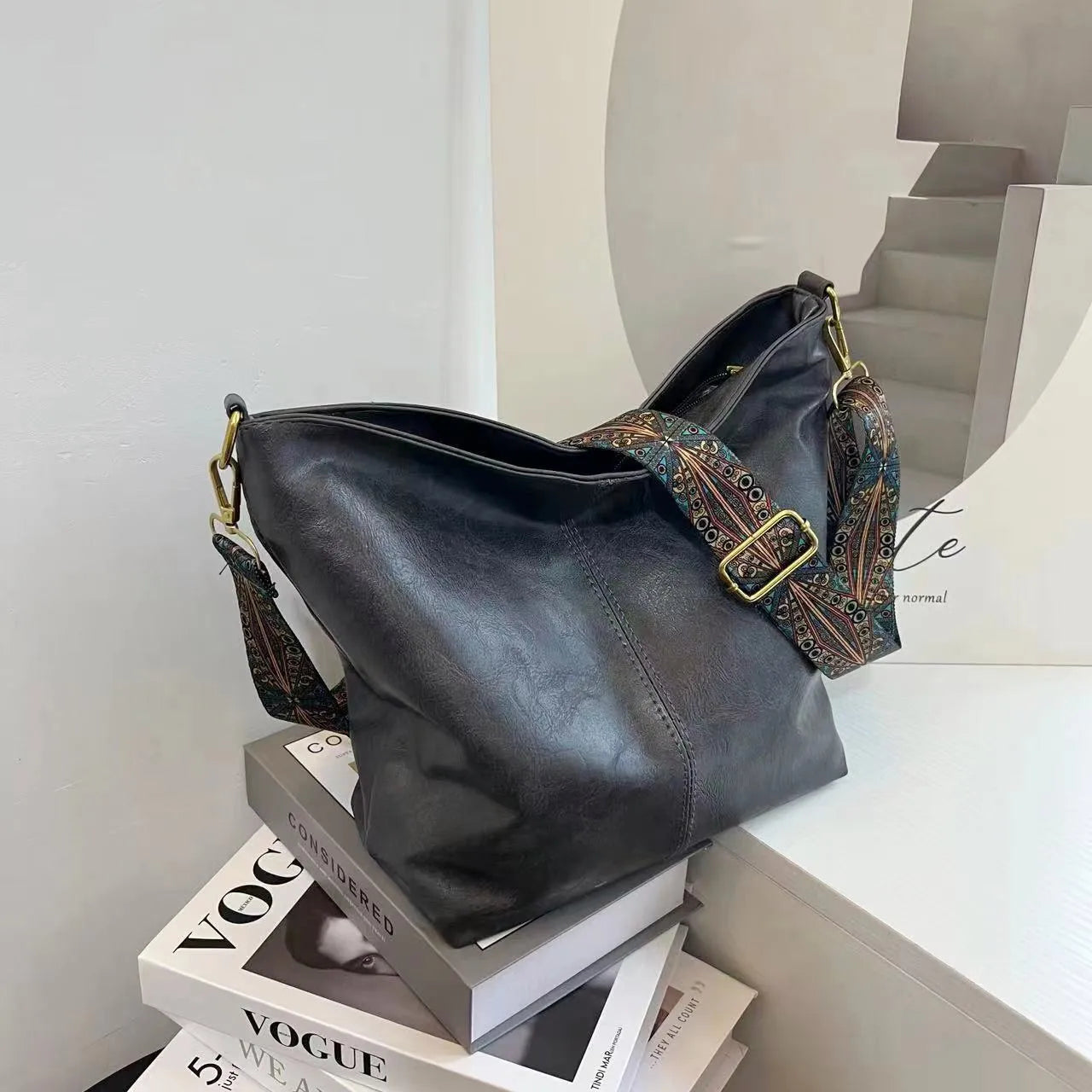 Leather Bucket Beaded Crossbody Bag For Women