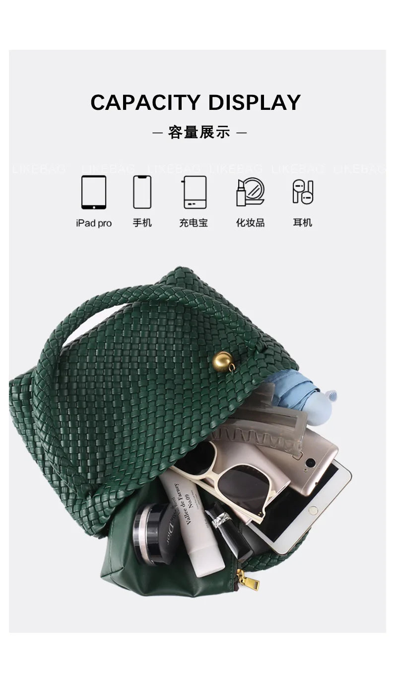 ZR DIARY Fashion Woven Bag Women PU Leather Single Shoulder Bag Retro Golden Bead Decor Hand Carry Women's Bag BZ2469