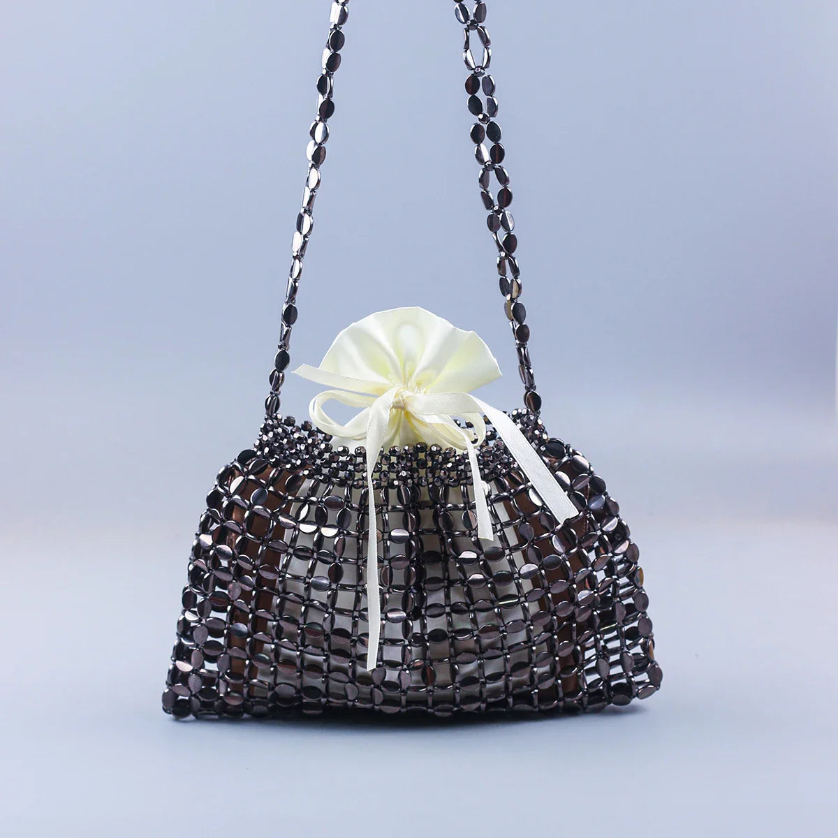 Elegant Handmade Silver And Gold Beaded Dumpling Handbag