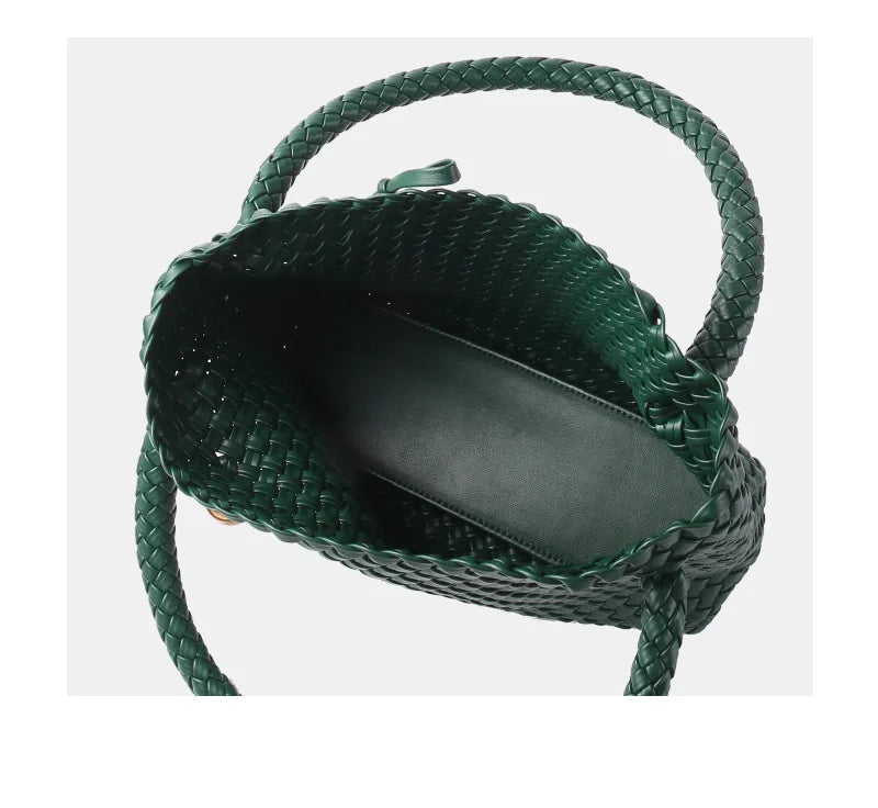 ZR DIARY Fashion Woven Bag Women PU Leather Single Shoulder Bag Retro Golden Bead Decor Hand Carry Women's Bag BZ2469