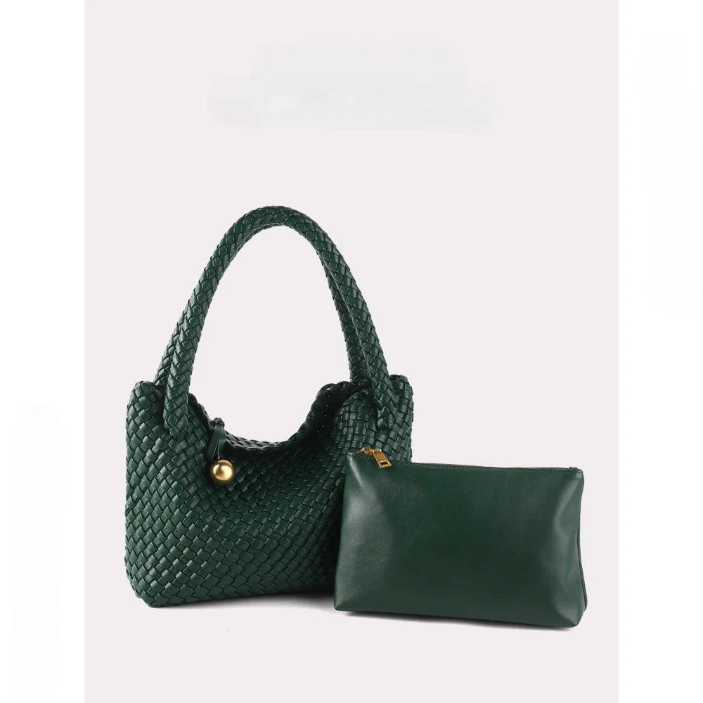 ZR DIARY Fashion Woven Bag Women PU Leather Single Shoulder Bag Retro Golden Bead Decor Hand Carry Women's Bag BZ2469