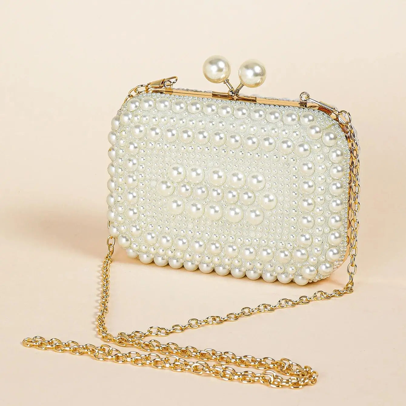 Glamorous Pearl Beaded Kiss Lock Clutch