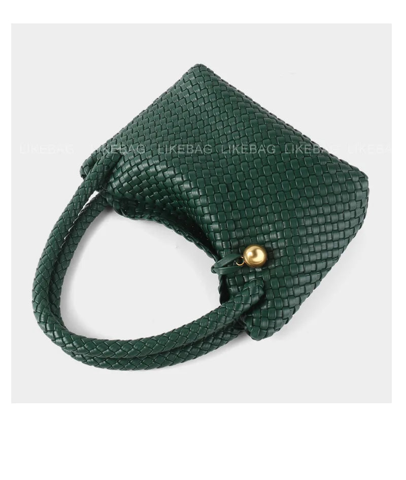 ZR DIARY Fashion Woven Bag Women PU Leather Single Shoulder Bag Retro Golden Bead Decor Hand Carry Women's Bag BZ2469