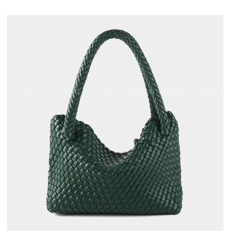 ZR DIARY Fashion Woven Bag Women PU Leather Single Shoulder Bag Retro Golden Bead Decor Hand Carry Women's Bag BZ2469