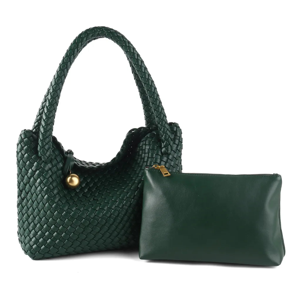ZR DIARY Fashion Woven Bag Women PU Leather Single Shoulder Bag Retro Golden Bead Decor Hand Carry Women's Bag BZ2469