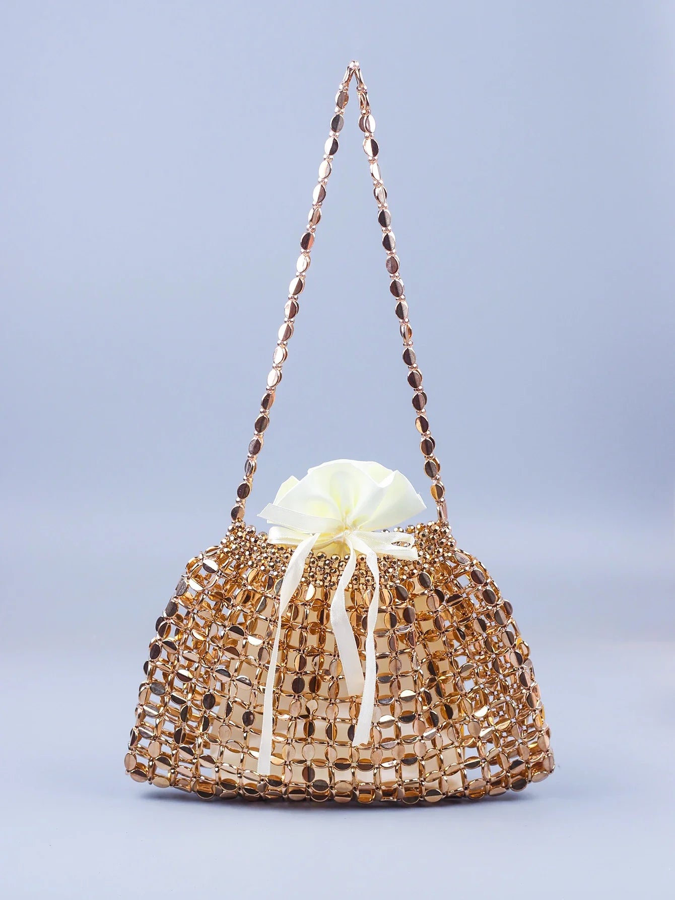 Elegant Handmade Silver And Gold Beaded Dumpling Handbag