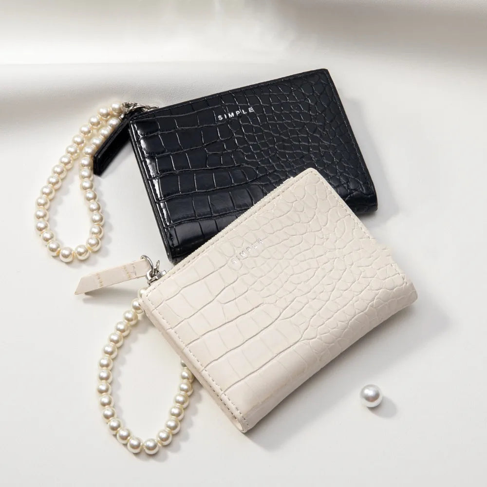 Elegant Imitation Pearl Chain Alligator Print Beaded Purse