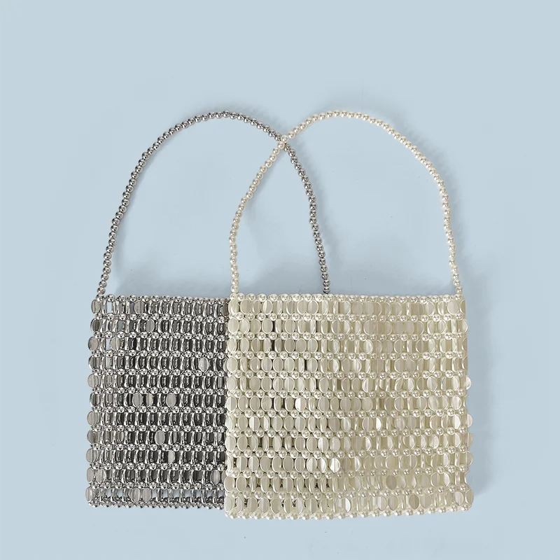 Shining Ins Metal Silver Handmade Bead Bag Bead Glitter Handmade Woven Phone Bag