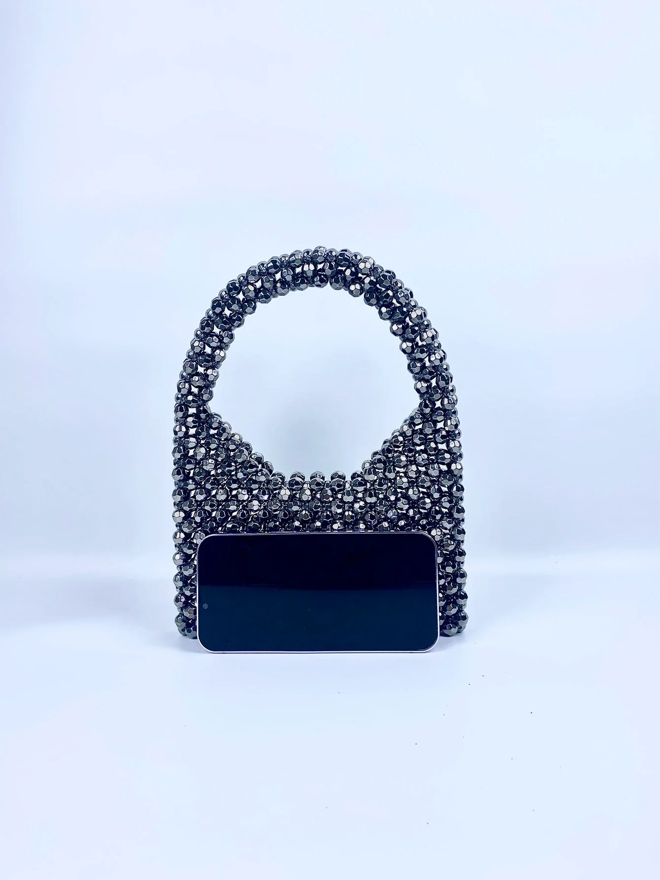 Trendy Stylish Dark Gray Beaded Bucket Purse
