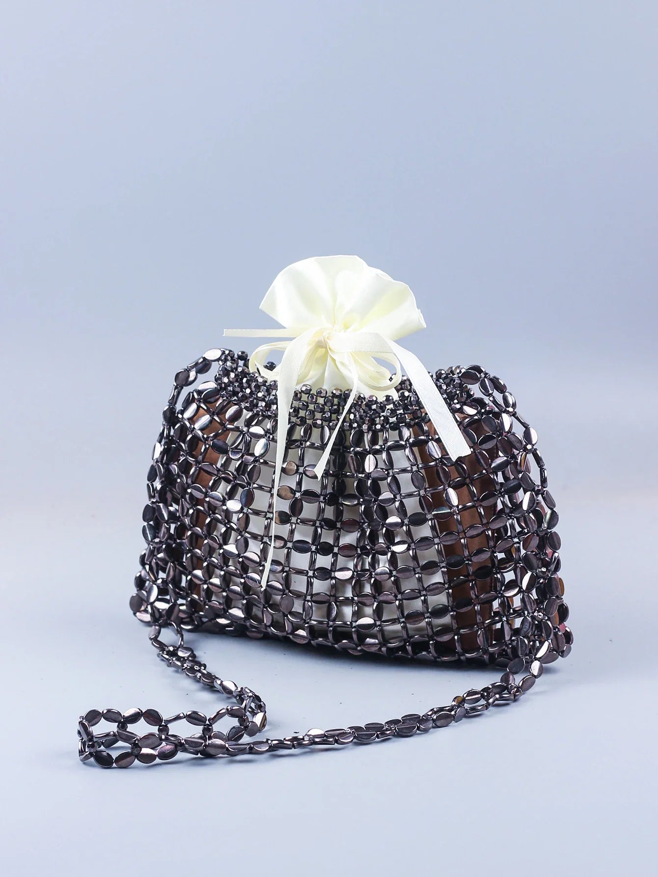 Elegant Handmade Silver And Gold Beaded Dumpling Handbag