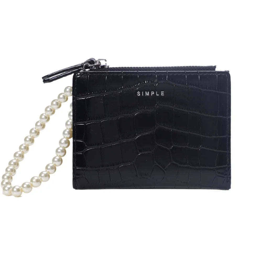 Elegant Imitation Pearl Chain Alligator Print Beaded Purse