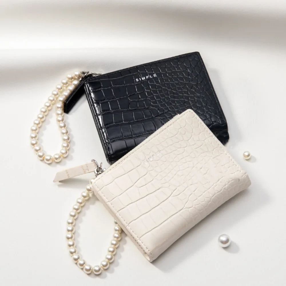 Elegant Imitation Pearl Chain Alligator Print Beaded Purse