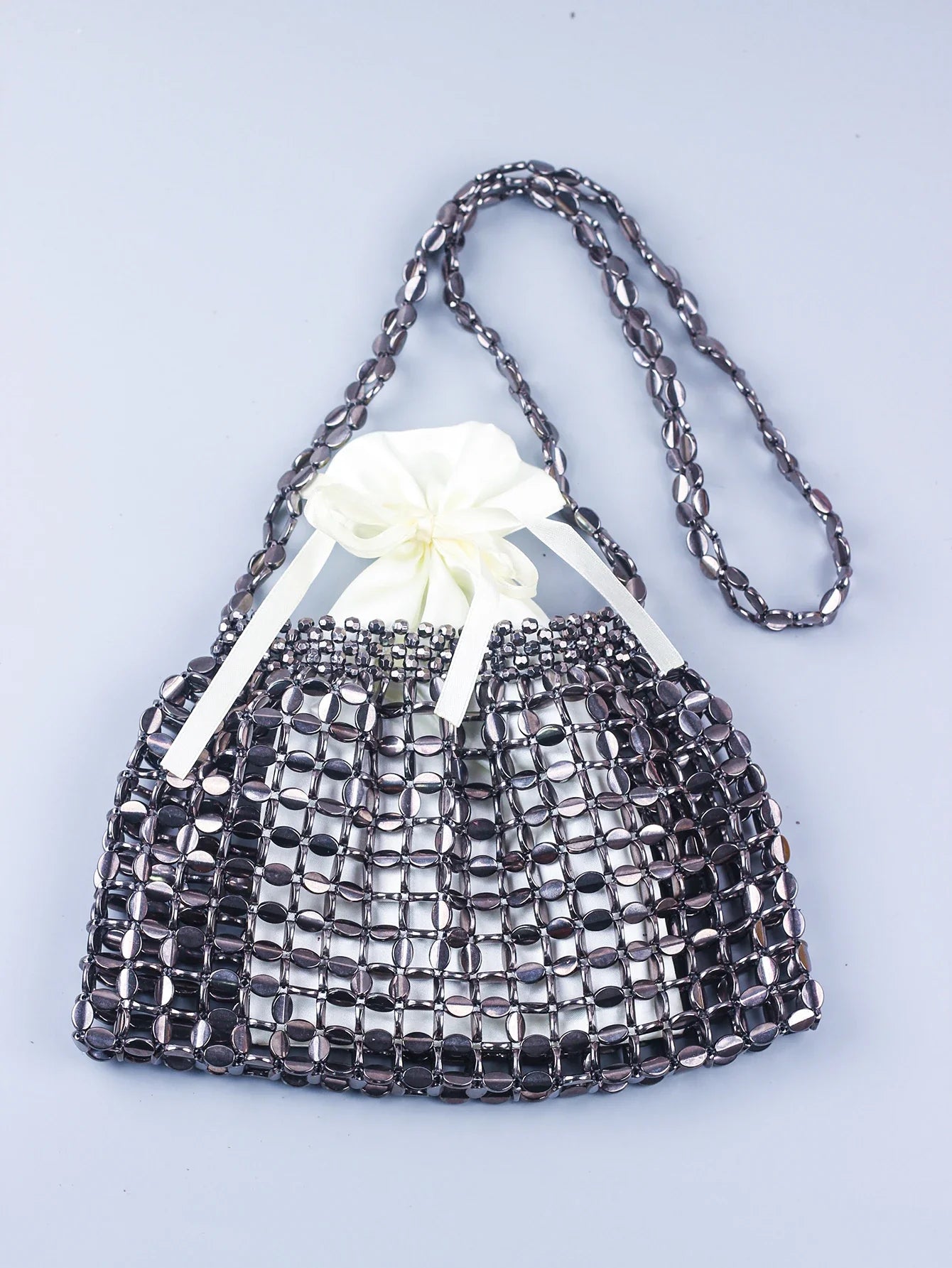 Elegant Handmade Silver And Gold Beaded Dumpling Handbag