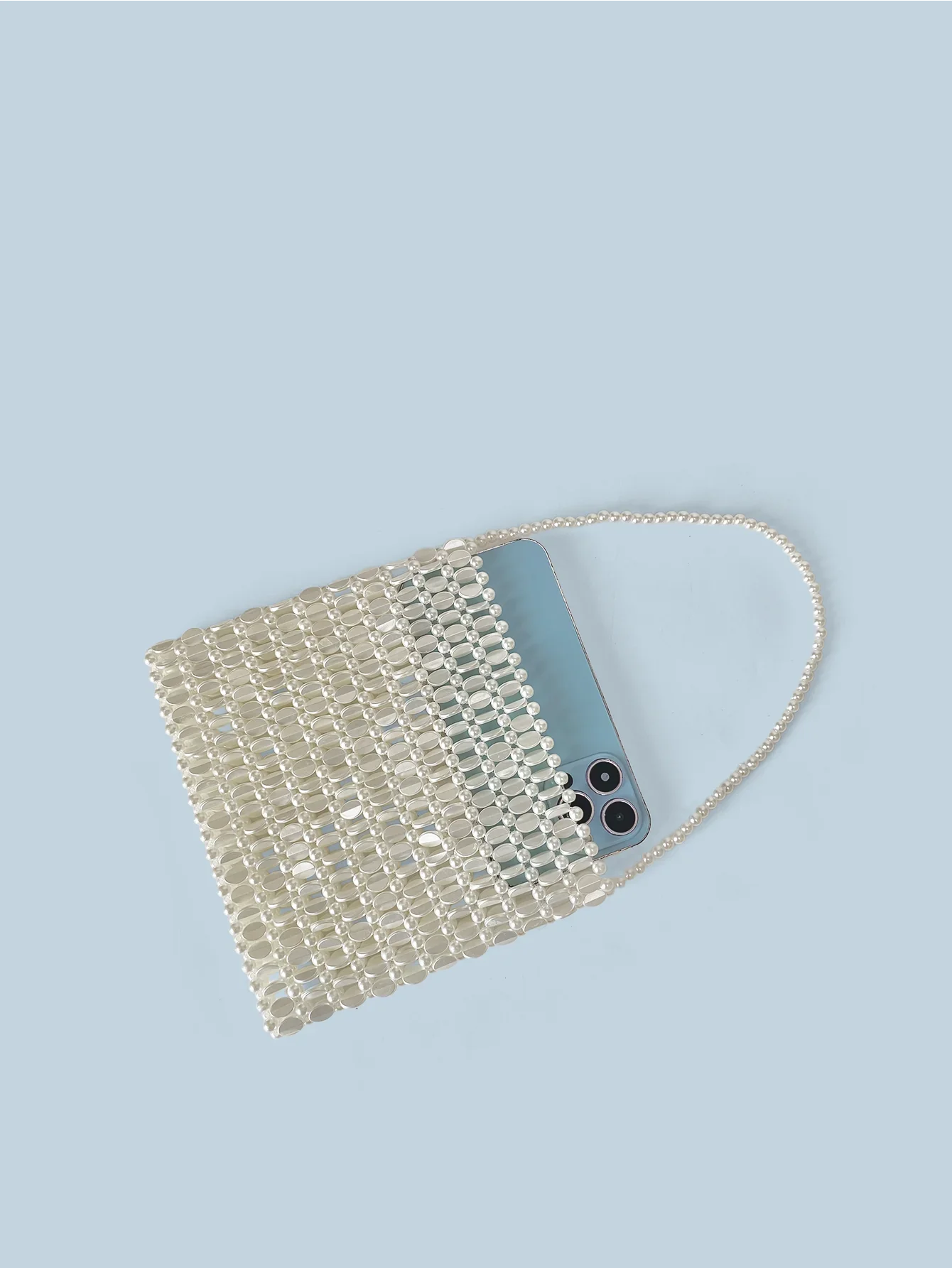 Shining Ins Metal Silver Handmade Bead Bag Bead Glitter Handmade Woven Phone Bag