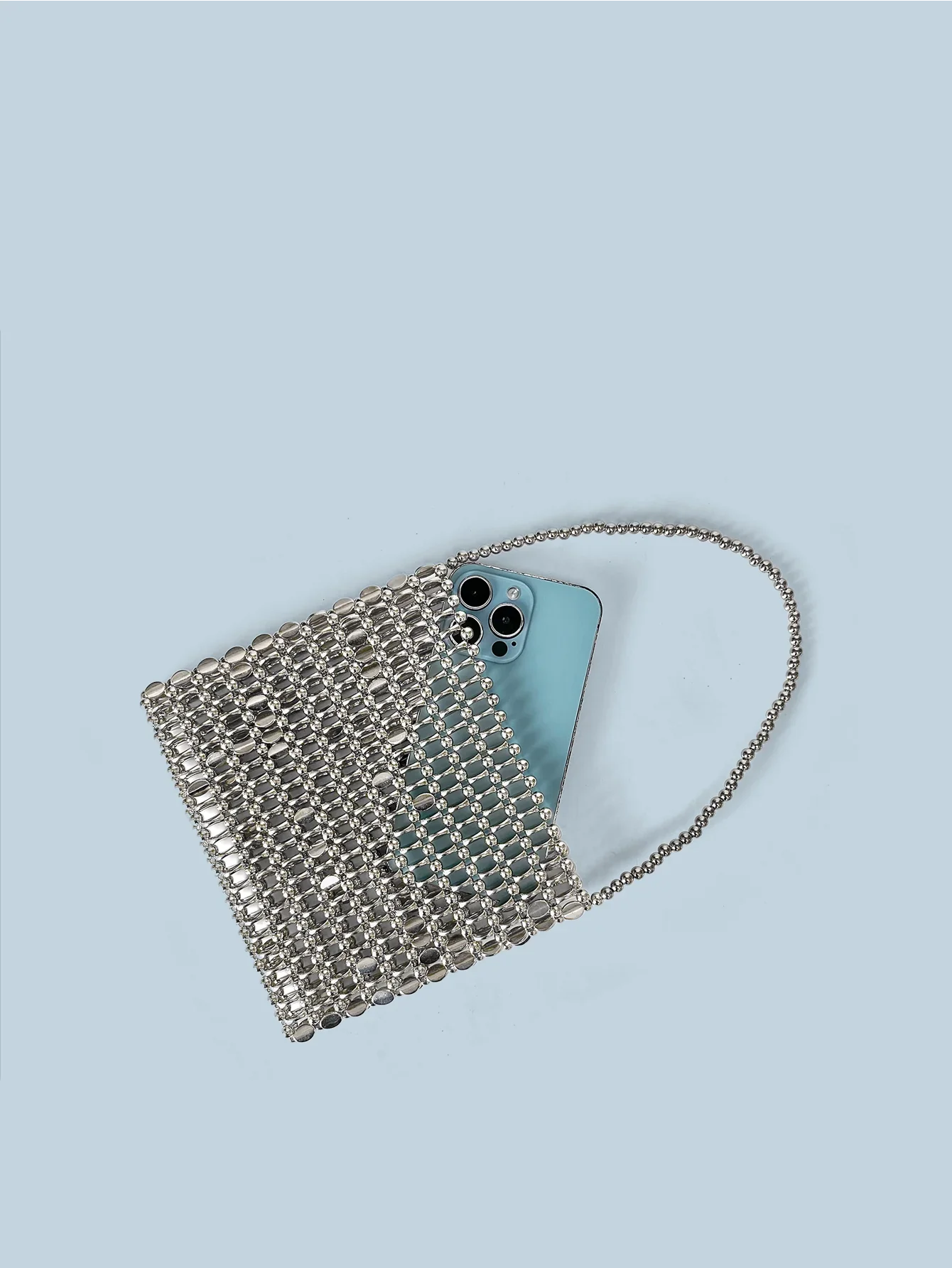 Shining Ins Metal Silver Handmade Bead Bag Bead Glitter Handmade Woven Phone Bag