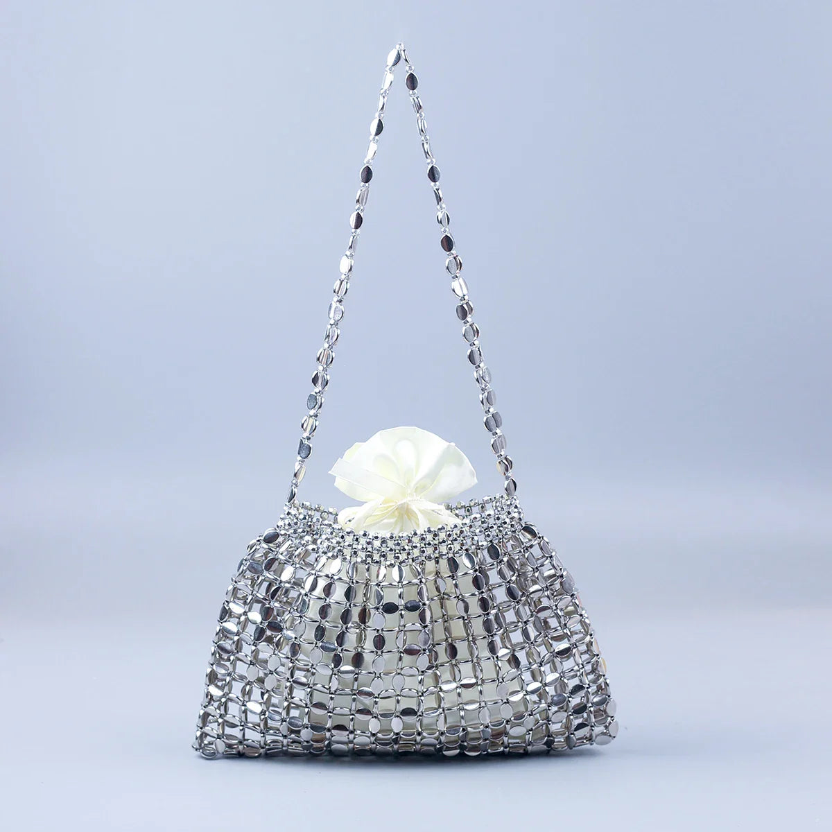 Elegant Handmade Silver And Gold Beaded Dumpling Handbag