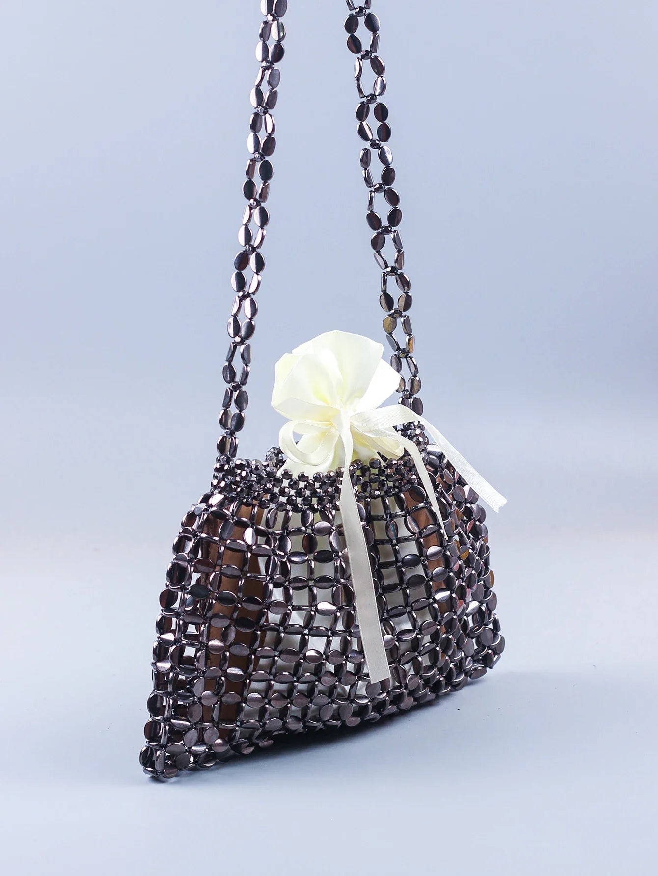 Elegant Handmade Silver And Gold Beaded Dumpling Handbag