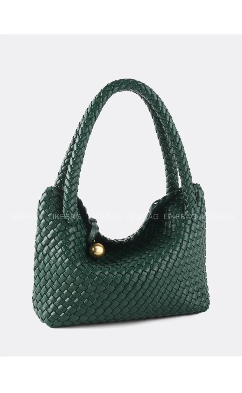 ZR DIARY Fashion Woven Bag Women PU Leather Single Shoulder Bag Retro Golden Bead Decor Hand Carry Women's Bag BZ2469