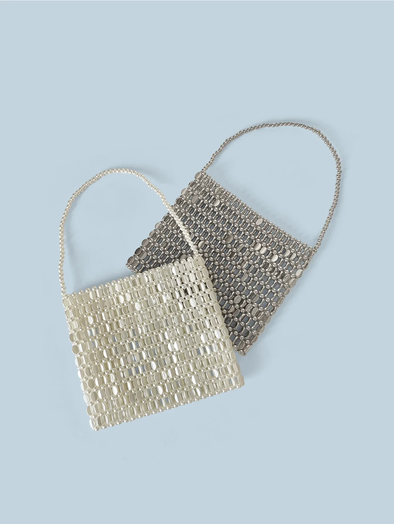 Shining Ins Metal Silver Handmade Bead Bag Bead Glitter Handmade Woven Phone Bag