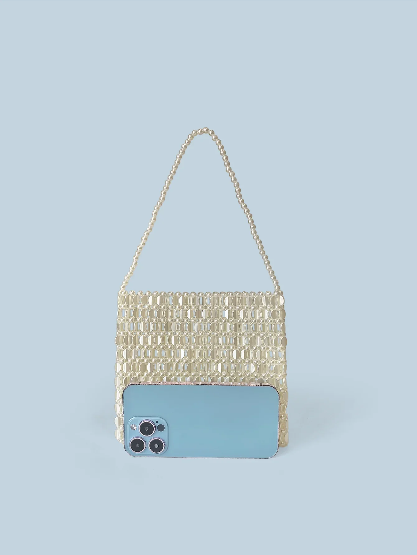 Shining Ins Metal Silver Handmade Bead Bag Bead Glitter Handmade Woven Phone Bag