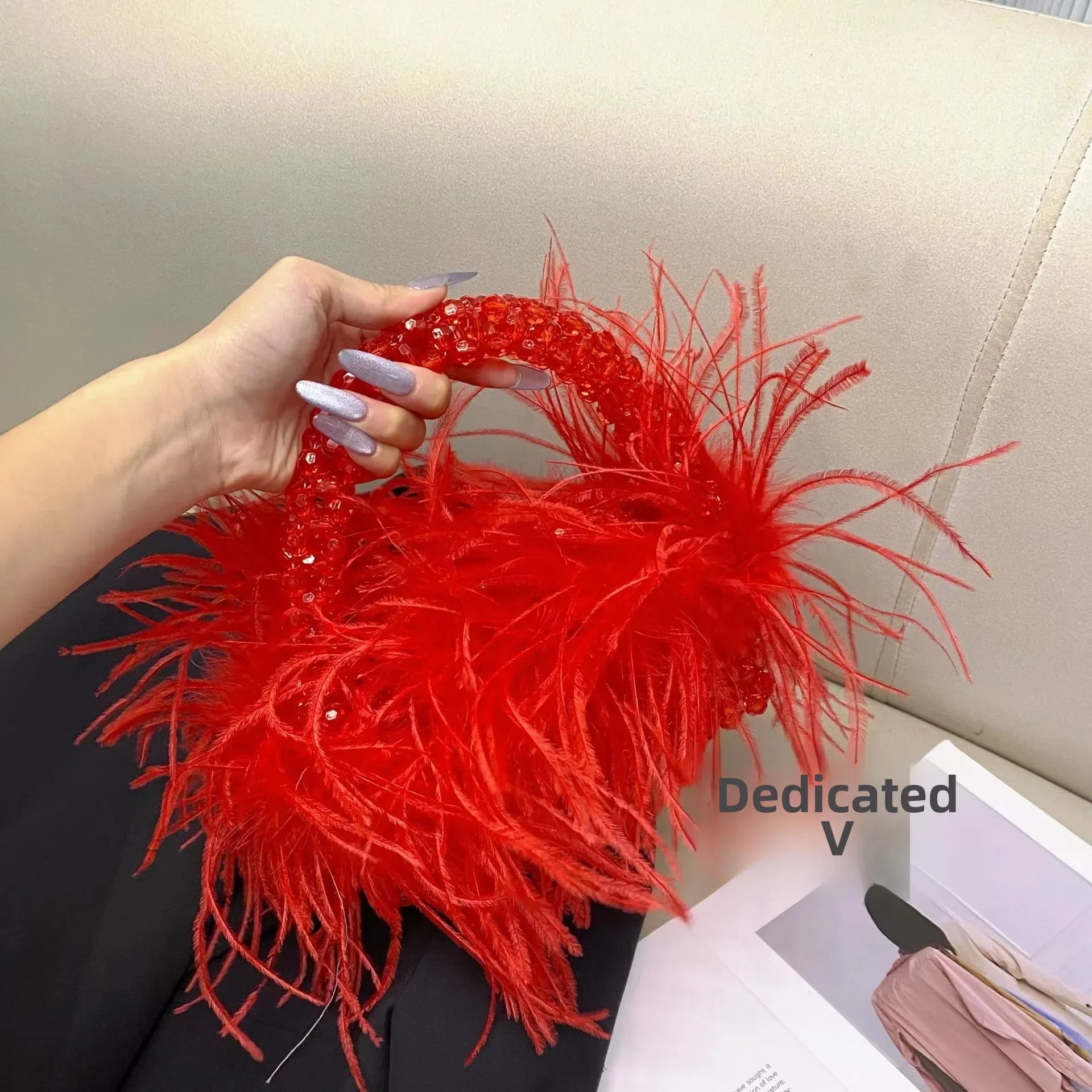 Elegant Sweetcute Bird Feather Beaded Mini Handbag