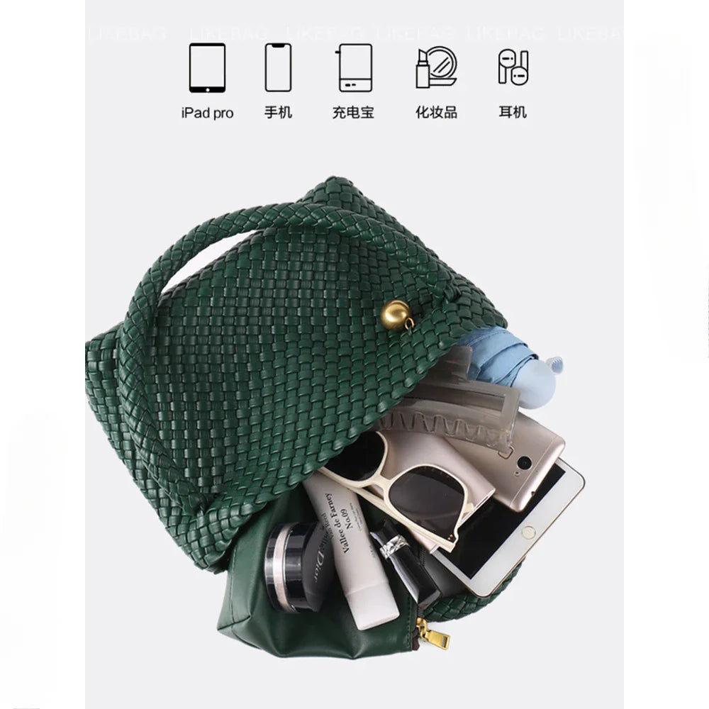ZR DIARY Fashion Woven Bag Women PU Leather Single Shoulder Bag Retro Golden Bead Decor Hand Carry Women's Bag BZ2469