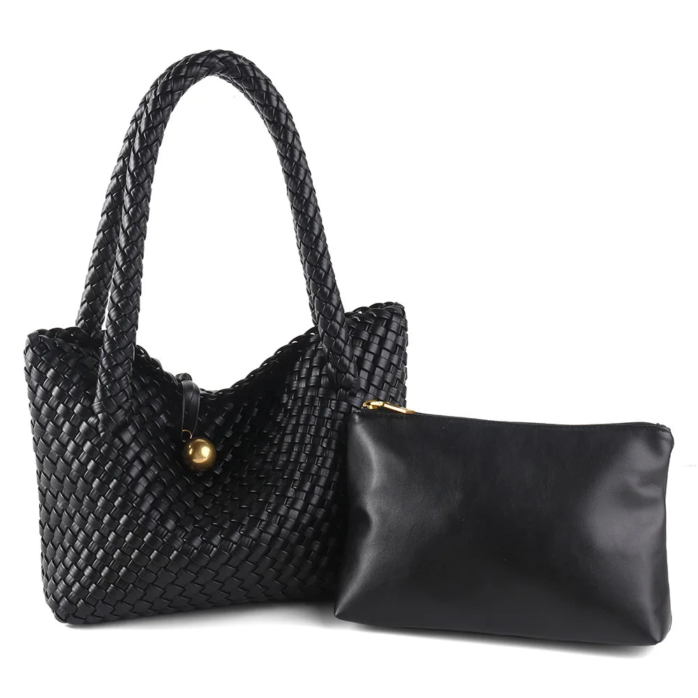 ZR DIARY Fashion Woven Bag Women PU Leather Single Shoulder Bag Retro Golden Bead Decor Hand Carry Women's Bag BZ2469