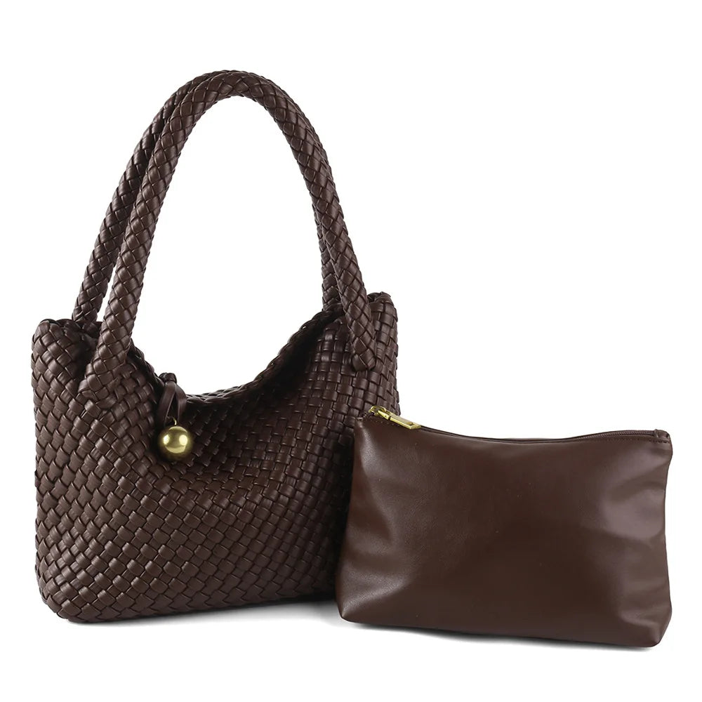 ZR DIARY Fashion Woven Bag Women PU Leather Single Shoulder Bag Retro Golden Bead Decor Hand Carry Women's Bag BZ2469