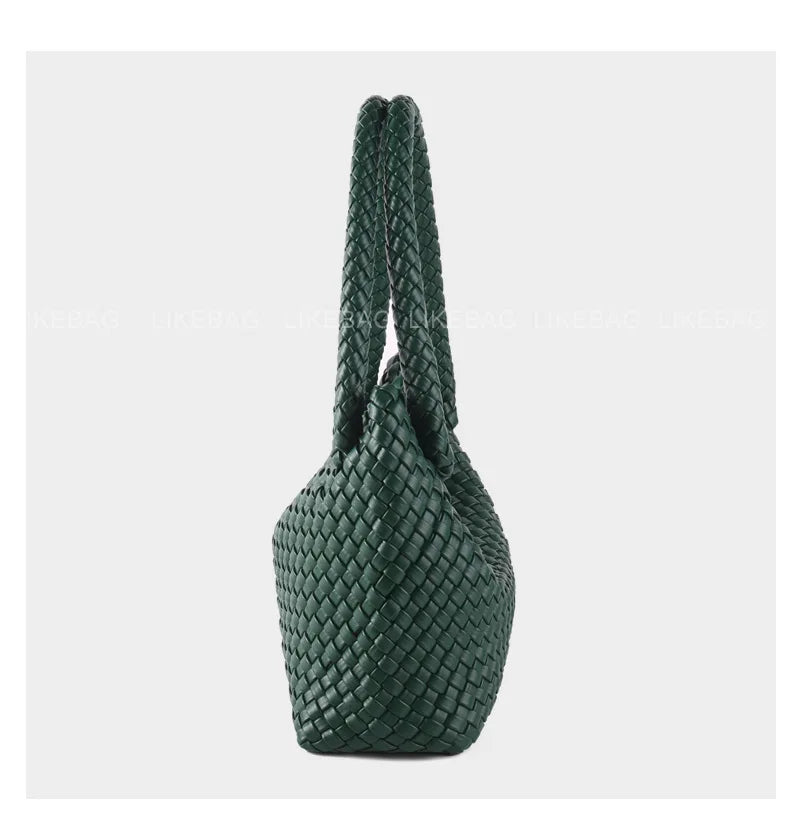 ZR DIARY Fashion Woven Bag Women PU Leather Single Shoulder Bag Retro Golden Bead Decor Hand Carry Women's Bag BZ2469