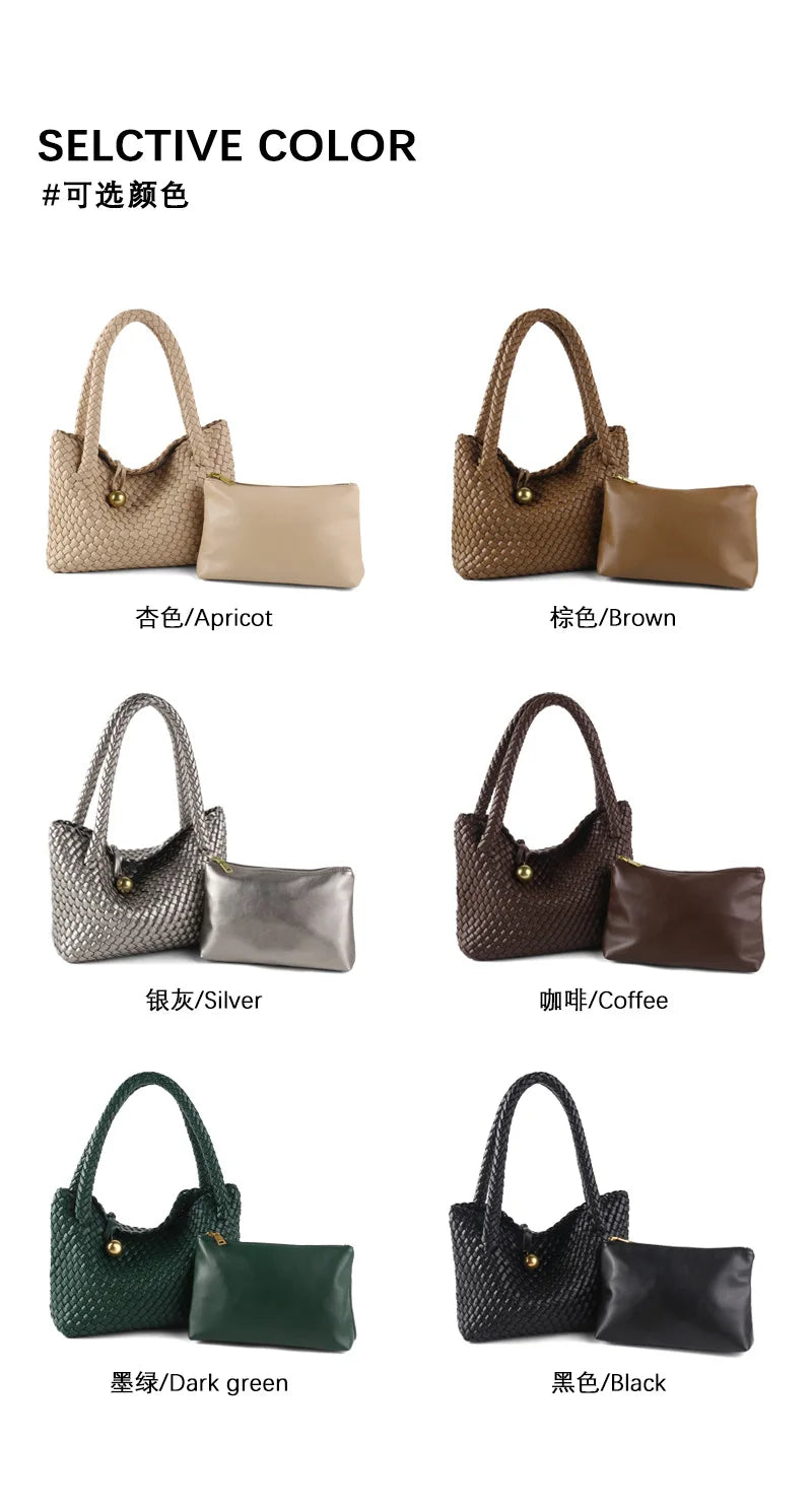 ZR DIARY Fashion Woven Bag Women PU Leather Single Shoulder Bag Retro Golden Bead Decor Hand Carry Women's Bag BZ2469