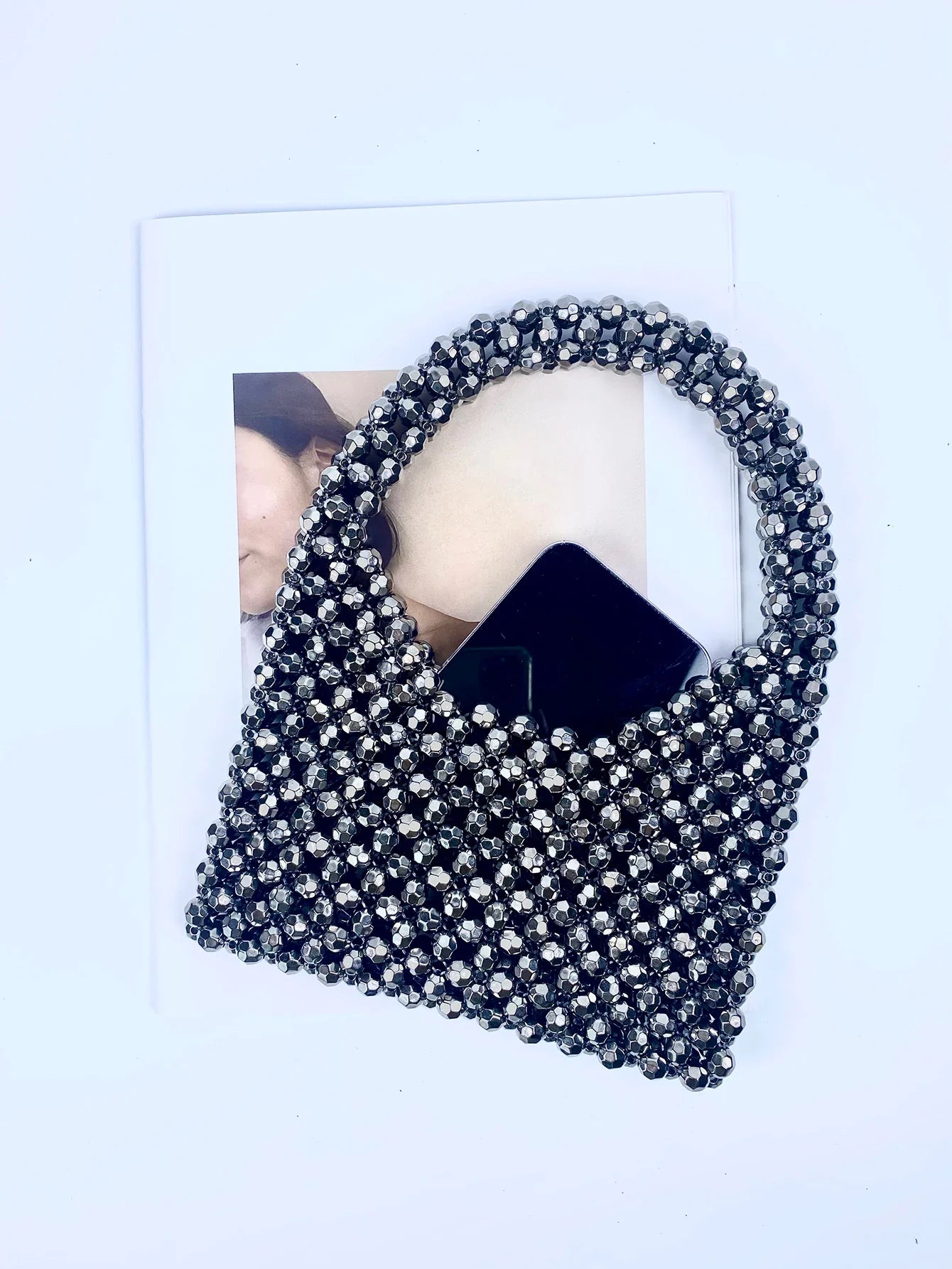 Trendy Stylish Dark Gray Beaded Bucket Purse