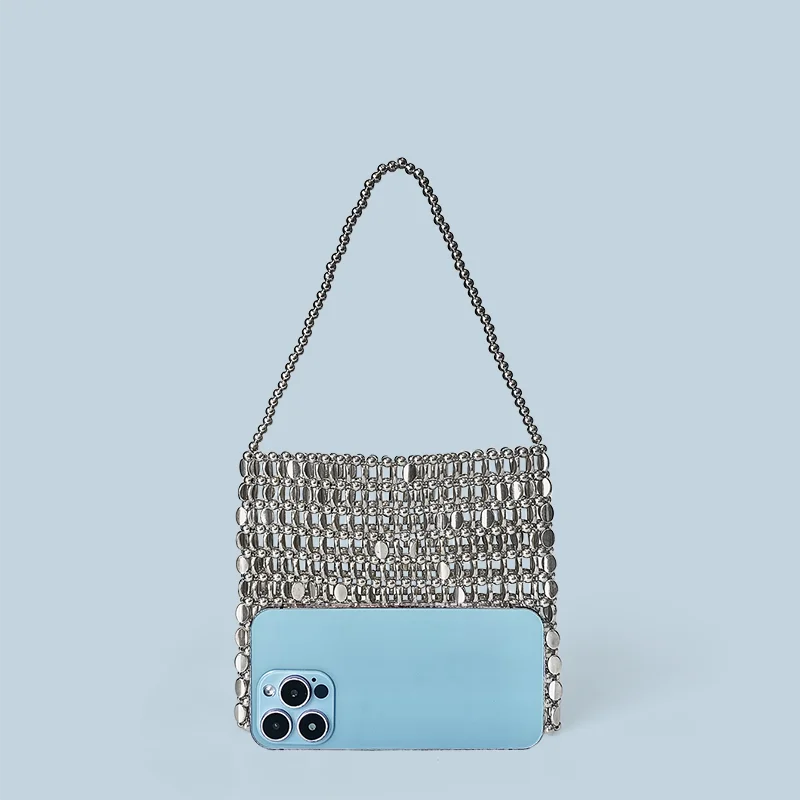 Shining Ins Metal Silver Handmade Bead Bag Bead Glitter Handmade Woven Phone Bag