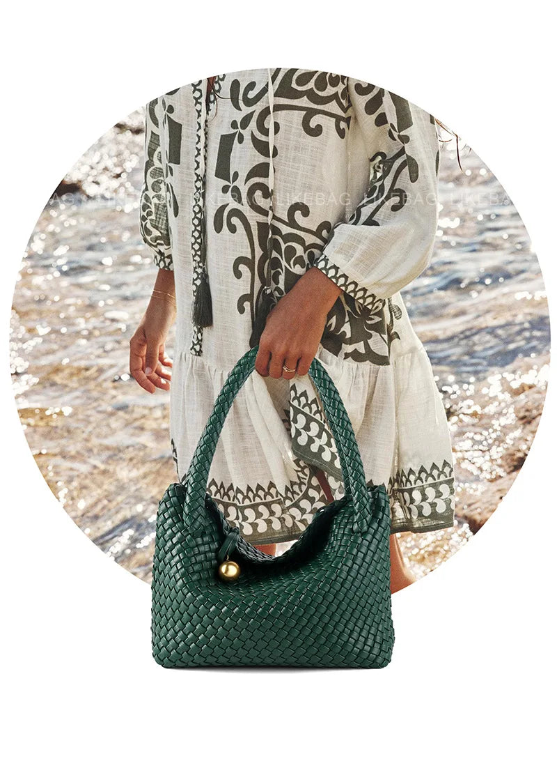 ZR DIARY Fashion Woven Bag Women PU Leather Single Shoulder Bag Retro Golden Bead Decor Hand Carry Women's Bag BZ2469