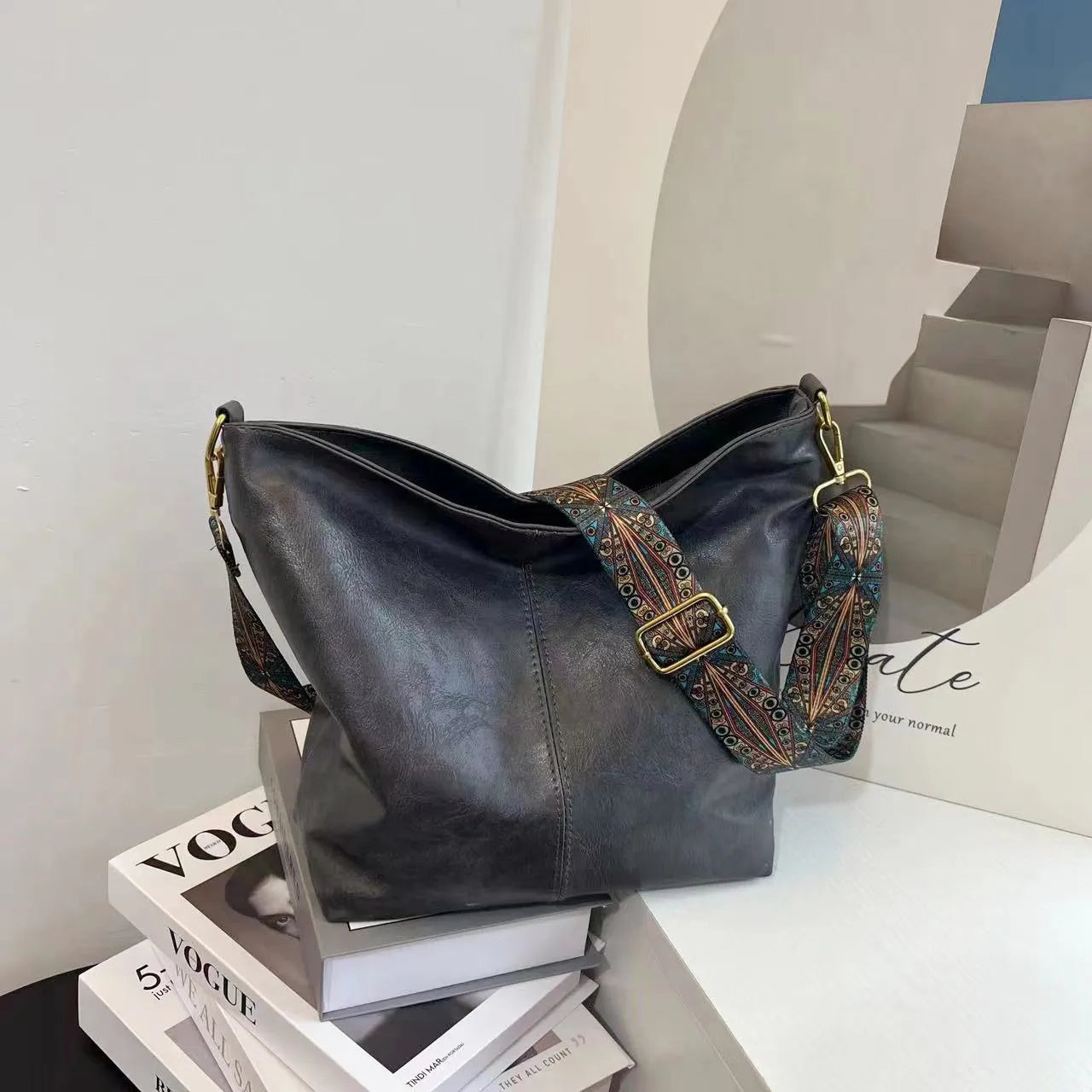 Leather Bucket Beaded Crossbody Bag For Women