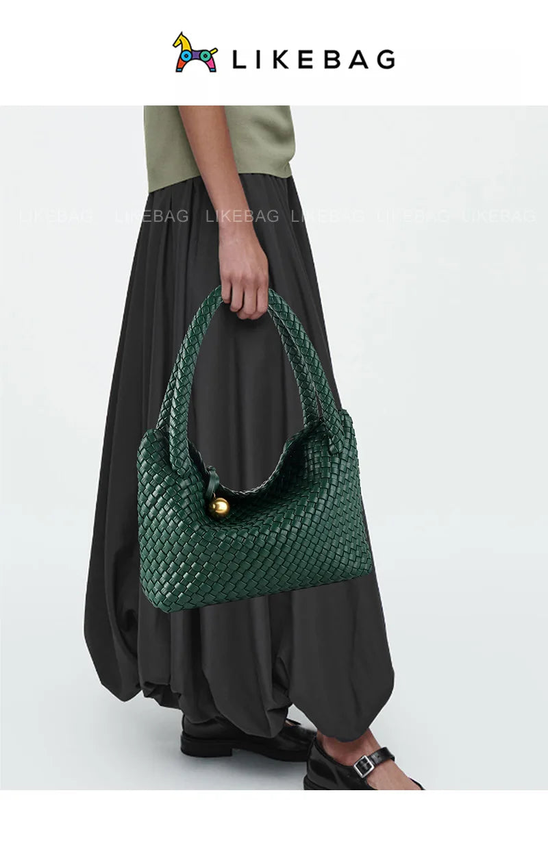 ZR DIARY Fashion Woven Bag Women PU Leather Single Shoulder Bag Retro Golden Bead Decor Hand Carry Women's Bag BZ2469