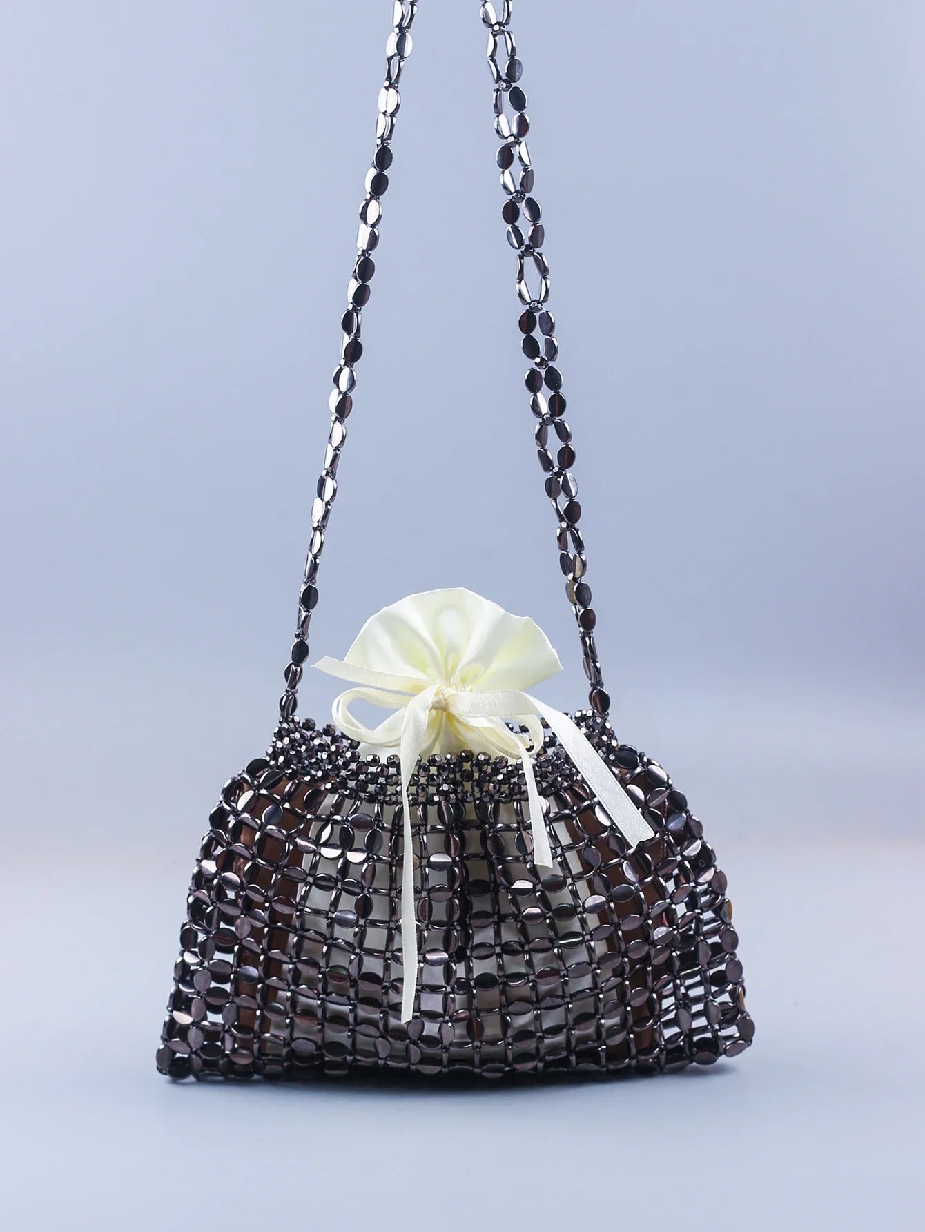 Elegant Handmade Silver And Gold Beaded Dumpling Handbag