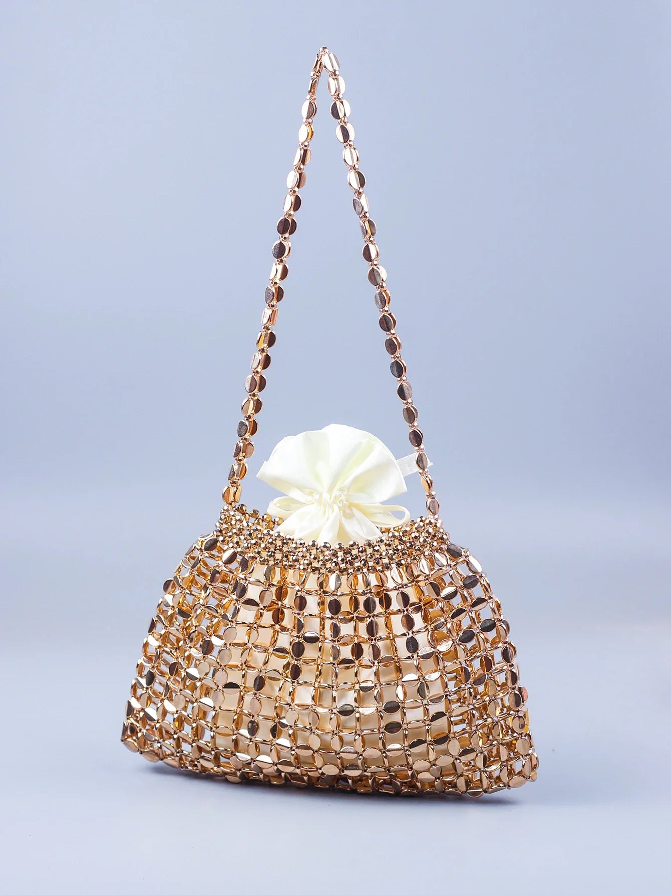 Elegant Handmade Silver And Gold Beaded Dumpling Handbag